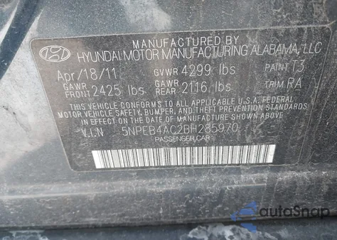 2011 Hyundai Sonata Gls z USA, uszkodzony, nr VIN 5NPEB4AC2BH285970